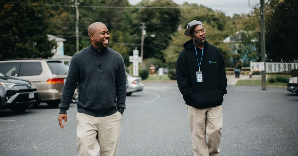 Chris Lassiter, director of community engagement at the Community Foundation of the Central Blue Ridge, and Rick Bady, case manager at Valley Mission, in Staunton, VA, which provides services to people experiencing homelessness. Photo credit: Kate Simon