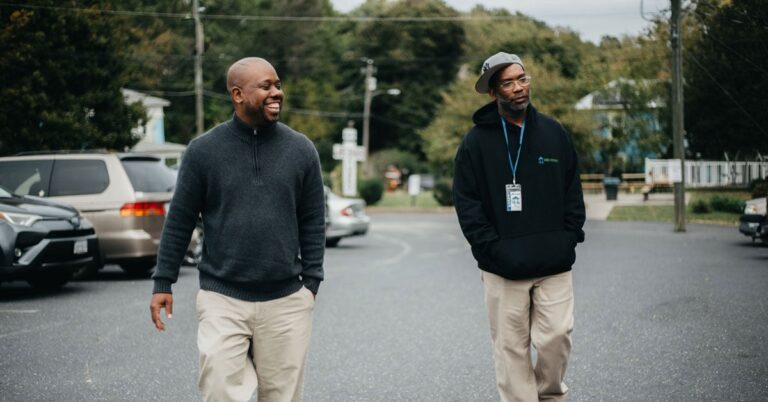 Chris Lassiter, director of community engagement at the Community Foundation of the Central Blue Ridge, and Rick Bady, case manager at Valley Mission, in Staunton, VA, which provides services to people experiencing homelessness. Photo credit: Kate Simon