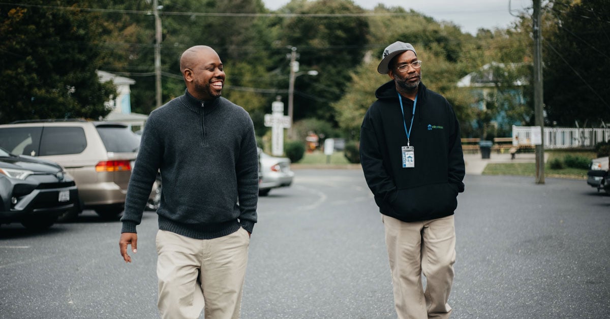 Chris Lassiter, director of community engagement at the Community Foundation of the Central Blue Ridge, and Rick Bady, case manager at Valley Mission, in Staunton, VA, which provides services to people experiencing homelessness. Photo credit: Kate Simon
