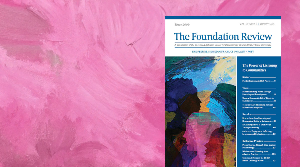 Cover of the Foundation Review special issue on a pink background.