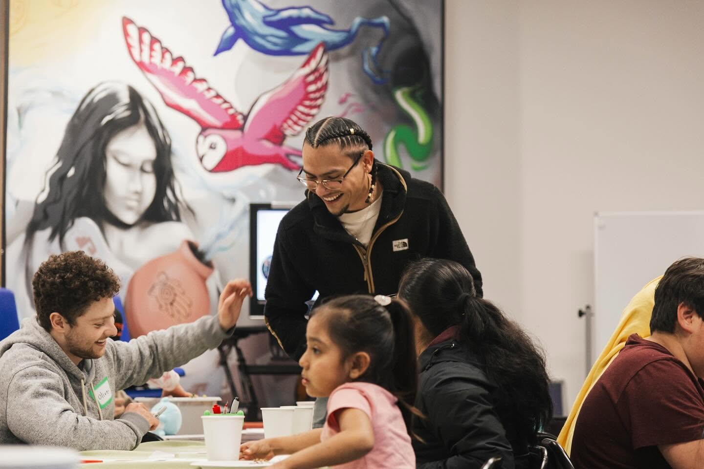 people at a table in front of a mural